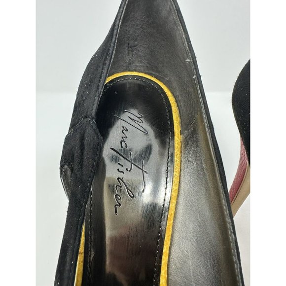 Marc Fisher Black and Yellow Peep Toe Heels with Red Stiletto - Picture 3 of 7